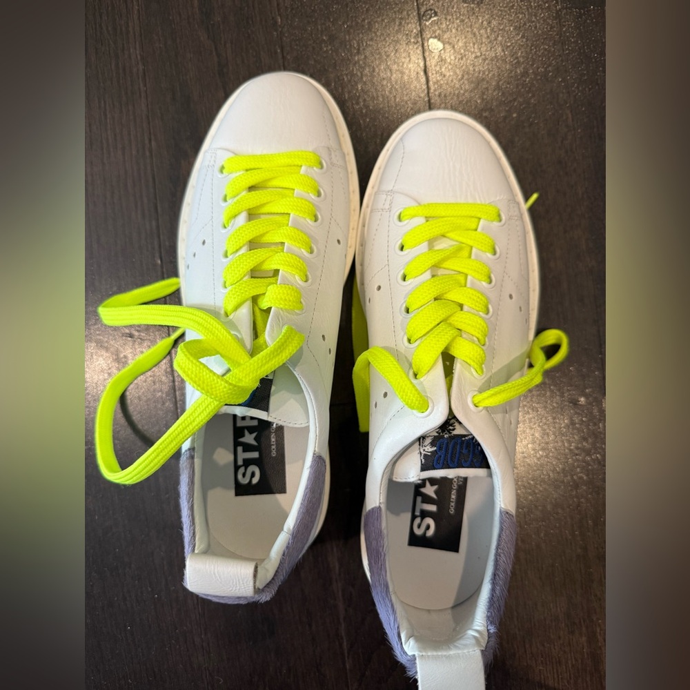 Golden Goose White Sneakers with Neon Yellow Laces. Authentic